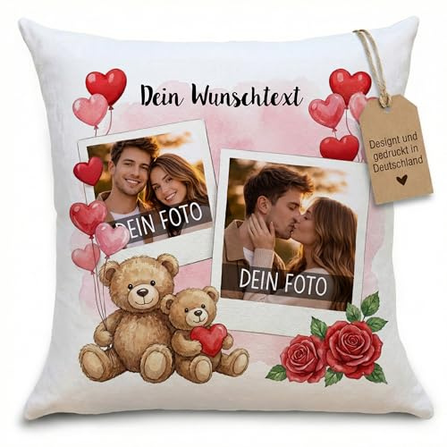 OWLBOOK® Personalisiertes Kissen mit Foto Bedrucken Lassen - Fotokissen selbst gestalten - Personalisierte Geschenke für Ihn Sie - Partner Geschenke für Paare - Foto Kissen 40x40cm | Bären