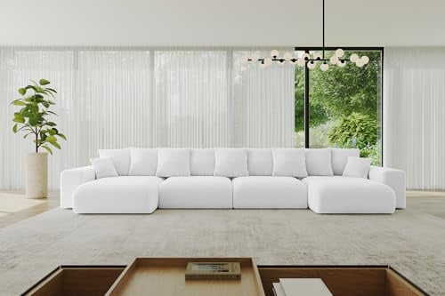ALTDECOR Ecksofa mit Schlaffunktion und Bettkasten Corner Sofa Eckcouch Couch U-Form universal, Links/rechts angeordnet Schlafcouch Ausziehbar Wohnlandschaft Eskar-U2-464x176x72cm Weiß