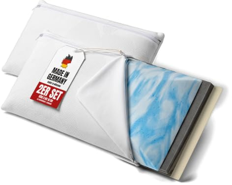 Frankenschaum Nackenstützkissen 2er Set, höhenverstellbar 5 bis 16 cm, je 60 x 30 cm, Gelschaum und Memory Foam mit 3 Einlagen, Härte wählbar, für Seiten-, Rücken- und Bauchschläfer