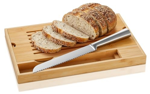 FOHERE Planche À Pain Bambou Bac À Miettes, Couteau À Pain Inclus | Bambou Écologique, Bac À Miettes Amovible, 2-En-1 Coupe/Service, Adapté Baguette/Toast/Croissant, 38 X 24,8 X 3 cm