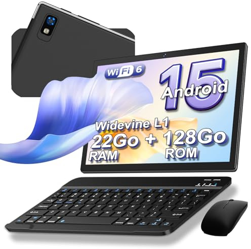Tablette 10 Pouces Android 15, 22Go RAM+128Go ROM (1To TF), Octa-Core, Noir | Tablette Tactile avec clavier et souris, 8000mAh, Widevine L1, Corps métallique, Face ID, GPS, GMS, 5G WiFi, BT 5.0