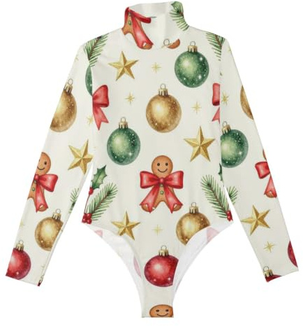 GuoChe långärmad enkel kroppsdräkt för kvinnor akvarell julprydnad pepparkakor, Akvarell julprydnad pepparkakor, XXL