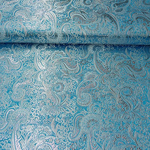Lurex Jaquard Stoff Meterware Paisley Ornament silberfarbig türkis 140 cm