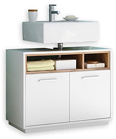 MILANO Badezimmer Waschbeckenunterschrank in Wildeiche Optik, Weiß Hochglanz - Bad Unterschrank Badezimmerschrank mit viel Stauraum - 80 x 64 x 40 cm (B/H/T)