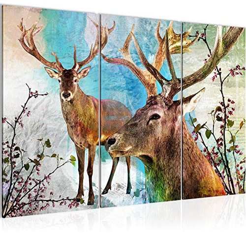 Runa Art Wandbilder Hirsch Abstrakt Bild XXL Wohnzimmer Schlafzimmer Bunt Hirschmotiv 120 x 80 cm 3 Teilig 012031a