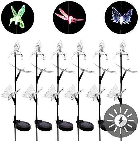 Solarlampe 6er Set mit Kolibri Schmetterling Libelle LED Farbwechsel Gartenbeleuchtung Dekoration Solar Leuchte Solarstecker Kunststoff Edelstahl
