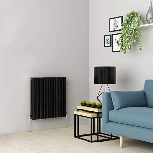 Warmehaus Radiatore di design a colonna orizzontale ovale a pannello piatto doppio nero 600 x 591 mm – moderno riscaldamento centralizzato termosifone salvaspazio – perfetto per bagno, cucina,