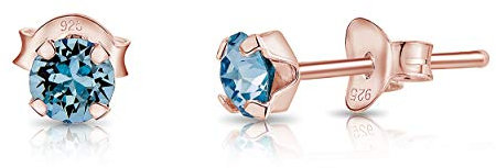 Pendientes de Botón Plata Ley 925 Chapados Oro Rosa 18K on Cristales Brillantes Aguamarina - Pendientes Pequeños Oro para Mujer - Punto de Luz Hipoalergénicos - Diámetro 4 mm