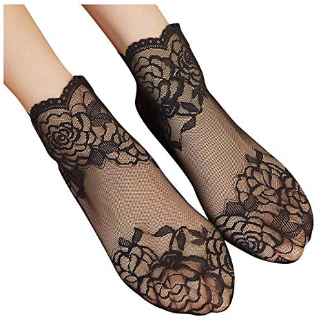Doublehero Frauen Söckchen Spitzen Damen Sommer Jahrgang Ultradünne Transparent Schöne Spitze Elastische Kurze Socken für Erwachsene Socken (Schwarz)