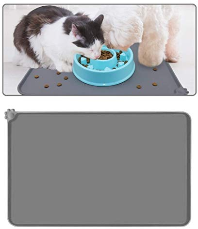 Voarge Tiernahrung Matte Platzdeckchen, Fressnapfunterlage für Katze oder Hund, Futtermatte aus Silikon mit Rand, Wasserdicht Anti-Rutsch Antihaft-Futternapf, 47x30cm(Grau)