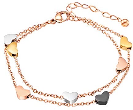 Bracciale da donna in oro rosa, con ciondolo a forma di cuore, doppia catena, per donne e ragazze, braccialetto dell'amicizia, 16 5 cm, Acciaio inossidabile