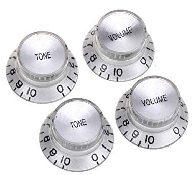 Musiclily Pro Metrische Größe 18 Splines 2 Volume 2 Tone Bell Potiknopfe Top Hat Reflector Knobs Set für Epiphone Les Paul SG Style E-Gitarre, Silber mit Silber Top (4er Set)