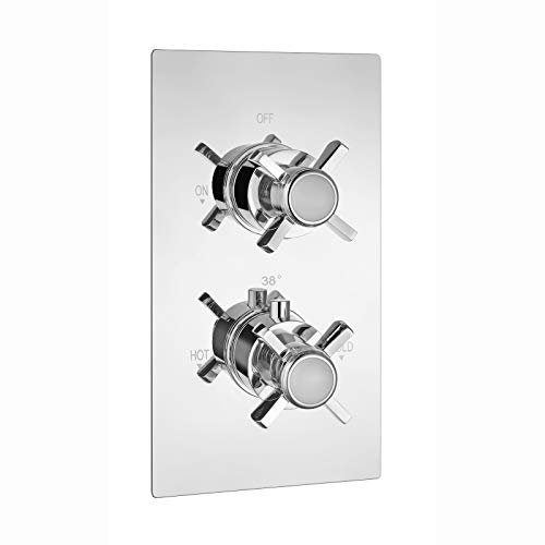 ENKI, Edwardian, TSV049, Concealed Thermostatic Twin Diverter Shower Mixer Valve with Two Outlets, Cross Handles, Traditional Bathrooms, Constant Temperature, Chrome