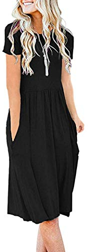 AUSELILY Summer Dresses for Women Short Sleeve Knee Length with Pockets Loose Pleated Empire Dress T-Shirt Dresses Black