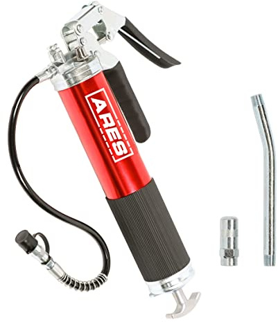 ARES 53015 – Professionelle Pistolengriff-Fettpresse – inklusive 45,7 cm Flexschlauch mit Federschutz und 15,2 cm Offset-Verlängerung – 4500 PSI Arbeitsdruck