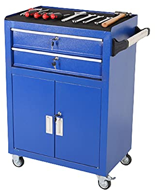Rollende Werkzeugkiste mit 2 Schubladen, Metallschiebeschublade Rollender Werkzeugschrank, Abnehmbarer Toolbox-Organizer für Werkstatt, Garage (Blau) (Color : 1.0mm Thick)