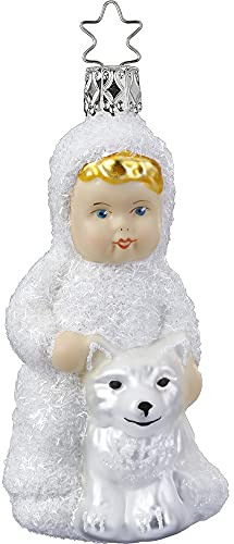 Christbaumschmuck Glas 10.5cm Schneekind mit Hund mundgeblasen handbemalt Weihnachtskugeln weiß
