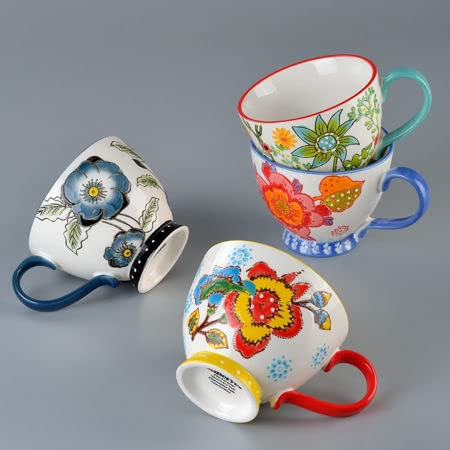 superyes Handmade Floral Ceramic Coffee Mugs Set of 4 Latte Cup for Cappuccino Tea, Cocoa, Milk and Water White Matte Glazed Mug with Handle(Pattern,12oz)