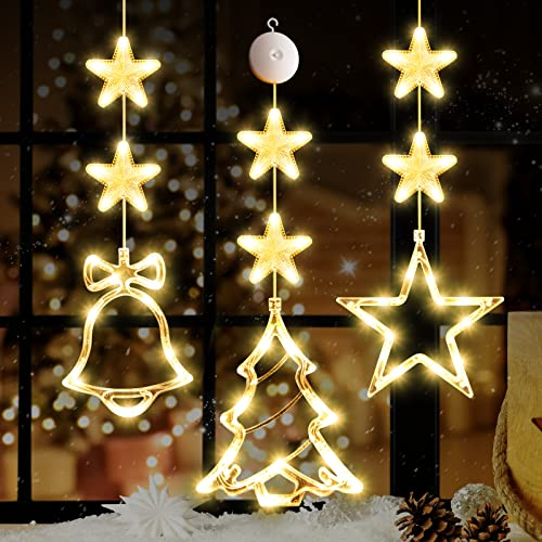 LYUBASA 3 Stück Baum Sterne Glocke Weihnachtsbeleuchtung, 60 Farbige LED Batteriebetriebene mit Saugnäpfe, Timer, warmweiß Lichterkette Innen für Weihnachten Deko, Fenster, Balkon, Party, Hochzeit
