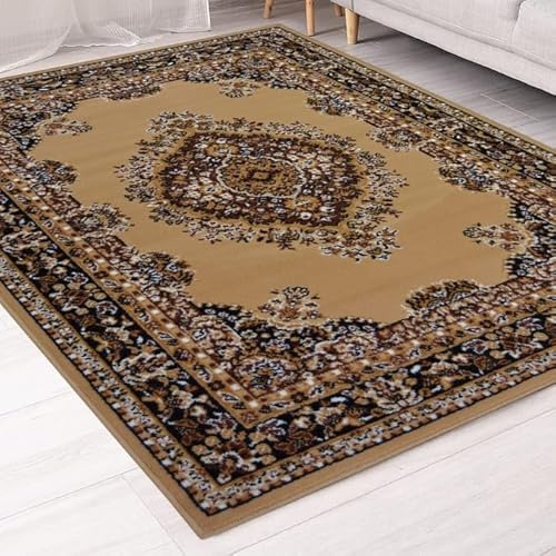 HaziQ Maestro Traditional Berber Beige Rug Classic Medallion Area Rugs for Hallway Kitchen Living Room Office Bedroom Aisle Corridor 120 x 160cm (4ft X 5.2ft)