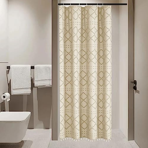 Siiluminisoy Petit rideau de douche en tissu tissé à pampilles de style bohème – 91,4 x 183 cm – Demi-taille – Motif chevron touffeté à rayures – Tissu moderne minimaliste pour salle de bain – Crème