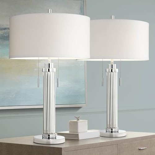 Possini Euro Design Cadence 30 Tall Glass Column Large Modern Glam End Table Lamps Set of 2 Pull Chain Clear Living Room Bedroom Bedside Nightstand House Office Home Reading Kitchen White Shade