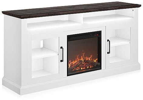 BELLEZE Moderno soporte de TV tradicional de 60 pulgadas con chimenea eléctrica de 18 pulgadas y centro de entretenimiento multimedia para TV de hasta 65 pulgadas con estantes y armarios de