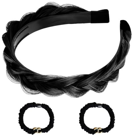 1 bandeau tressé moelleux et 2 accessoires de cheveux élastiques avec lettres, large bandeau rembourré, bandeau en tresse de perruque, bandeau invisible moelleux (noir)