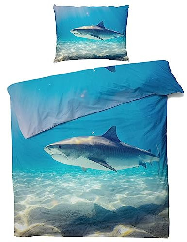QEODAH Hai Bettwäsche 135x200 Winter - Meerestiere Bettbezug 135 x 200 2er Set - Wendebettwäsche & Kissenbezug 80x80 cm - Weiche Mikrofaser Bettwäsche-Sets mit Reißverschluss - Schlafzimmer Bett Deko