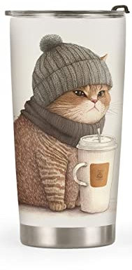 Thermo Becher Mit Strohhalm Und Deckel, Kaffeeliebhaber-Katze Gedruckt Tragbare Thermobecher Kaffee To Go Für Sport Auto 20Oz