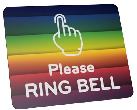 Please Ring Bell Sign Adhesive Sticker Notice, SILVER/GOLD/BLACK engraved with Universal Icon Symbol and Text (Size 12cm x 10cm). Waterproof and Durable. (Rainbow)