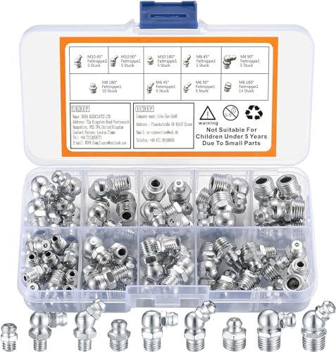 MUZHUPGUZ 60 Pcs Metric Grease Fittings Kit,Hydraulic Grease Zerk Assortment Kit, 45 90 Degree Grease Gun Fittings,M6 M8 M10 Straight and Angled Grease Zerk Kit for Grease Guns Mechanical Lubrication