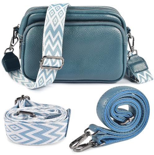 Funmo Leder Umhängetasche Breiter Gurt Leder Crossbody Bag Damen Stylisch Schultertaschen Damen Kleine Messenger Tasche Klein Blau Messenger Bags Geldbörse mit Abnehmbarer Schultergurt