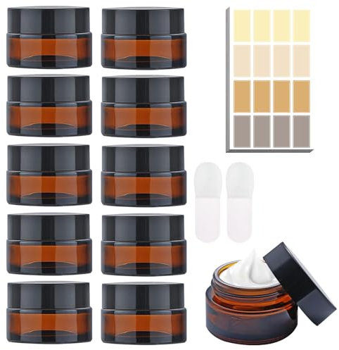 Pots à Crème, Pots Verre Ambre, Pot Voyage Cosmetique, 10 PCS Récipients Vides Rechargeables, avec Autocollant et Pinceau Silicone, pour Cosmétiques, Crèmes, Lotions, Huiles Essentielles, 20ML