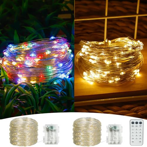 MOLVCE Lichterkette Batterie 2 Stück, 10m 100led Silbernedraht Micro Lichterkette Batterien mit 12 Modi, Fernbedienung und Timer, Led Lichterketten für Weihnachten, Garten, Party, Multicolor