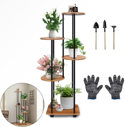 Wuciray Estanteria Macetas para Plantas De 5 Niveles con Ruedas Soporte para Plantas Madera de Metal Soporte Macetas Para Jardín Balcón Interior Exterior
