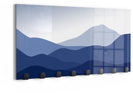 DEQORI Wandgarderobe Glas & Metall | Motiv Berge im Blauschleier | 60x30 cm | Design Haken-Leiste modern | Garderoben-Paneel für Flur, Wohnzimmer & Schlafzimmer | magnetisch & beschreibbar