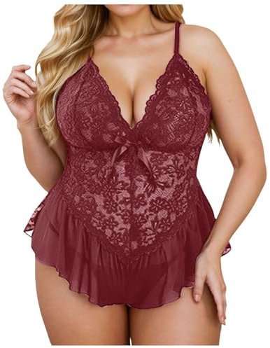 Sunfashion Netz Dessous in Übergröße, Unterwäsche, tiefer V-Pyjama Dessous Slip Schwarz (XXXXXL) sexy Dessous Damen für Sex dessou Dessous sexy