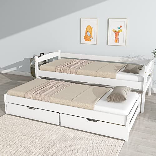 Kinderbett 90x200, Tagesbett mit Ausziehbett und 2 Schubladen, Sofabett Gästebett Schlafsofa Bett mit Lattenrost,Einzelbett/Doppelbett Jugendbett Funktionsbett Bettgestell aus Holz,ohne Matratze,Weiß