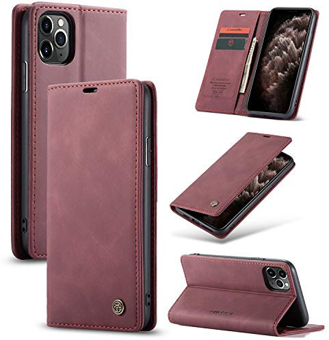 owlhold hülle iPhone 11 Pro klapphülle Premium Lederhülle Weiches Vintage-Nubukleder Faltbare Ständer Schutzhülle Kartenfach Standfunktion stoßfest Handyhülle iPhone 11 Pro -Weinrot