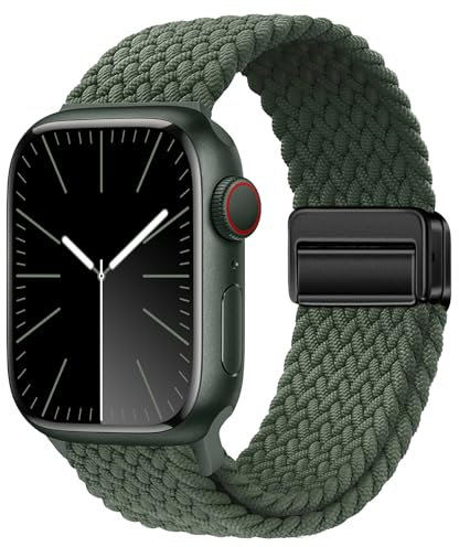Compatible avec Apple Watch 42 mm, 41 mm, 40 mm, 38 mm pour femme, bracelet élastique magnétique en nylon pour iWatch Series 10/9/8/7/6/5/4/SE/SE 2, vert olive