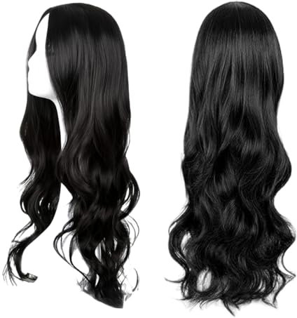 SDXCJY Lange Wellige Schwarze Perücke 27'' - Lockiges Volles Haar, Mittelscheitel, Synthetisch, Charmant für Täglichen Gebrauch, Karneval, Fasching
