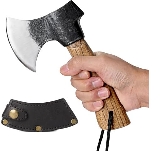 Kleine Camping-Axt mit Lederscheide, 8,46“ Rucksackbeil mit Holzgriff, Spaltaxt für Dschungel, Gartenarbeit, Jagd, Überleben