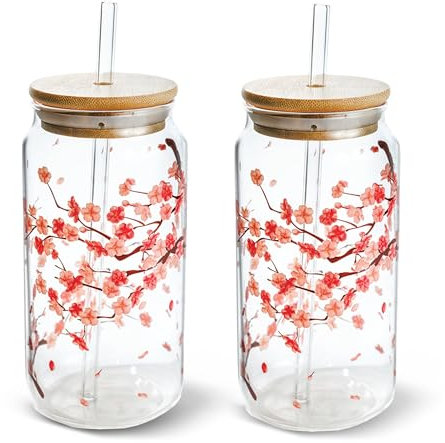 Aesthetic Cherry Blossom Glass Cup with Lid and Straw - Cute Coffee, Latte, Matcha Tumbler 16 oz - Floral Iced Coffee Cup - Preppy Birthday Gift for Women, Best Friends, Mom, Bridesmaid (2)