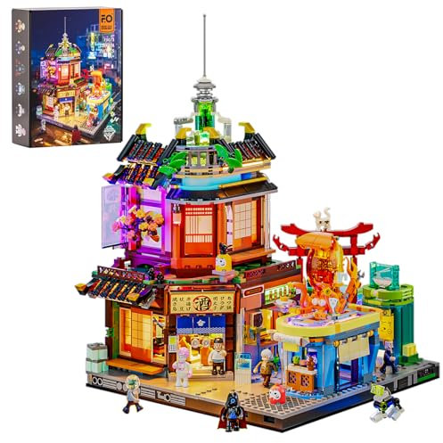 FUNWHOLE Cyberpunk Japanisches Izakaya Licht-Baustein Set – 1987 Teile Modularer Cyberpunk Neon-Stadt Zukunfts-Pub Japanische Straßenszene LED-Licht Modellset für Erwachsene und Sci-Fi-Fans