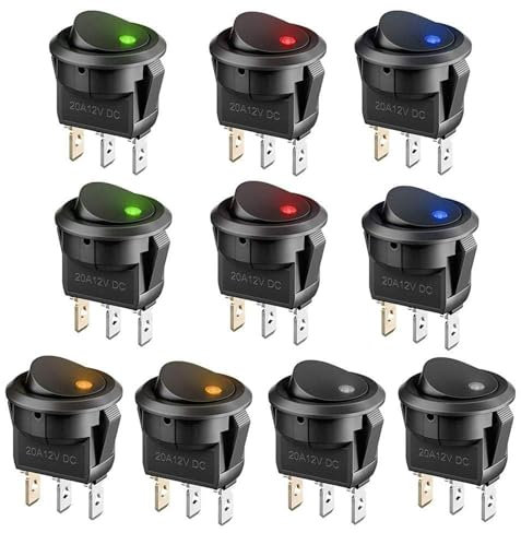 Schalter-Set 10x – 12V 3-polige Kipp-/Wippschalter | 5 LED-Farben, IP67, 20A DC | Kupferanschlüsse + TÜV