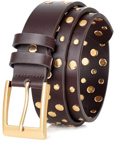 BELTROAD Stylish Studded Belt for Men Women Goth Punk Belts with Gold/Silver Buckle Mens Leather Belts for Jeans Pants, Gold Buckle -Coffee, L for Waist 34-39