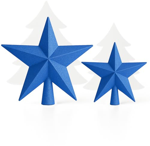 AMLOOPH Christmas Tree Topper, 2 Pack Glitter Blue Christmas Tree Star Decorations - 15cm & 10cm Sparkle Xmas Star Tree Topper for Traditional Blue Christmas Decorations