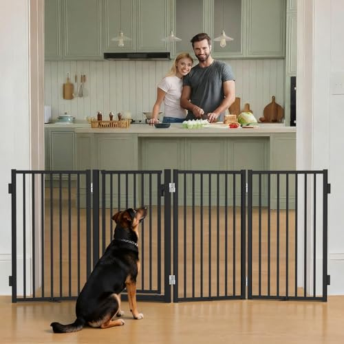 COMOMY Metal Freestanding Dog Gates with Door, 203cm Extra Wide Pet Safety Fence with Support Feet, 81cm Tall Foldable Dog Barrier for Home Doorways Stairs Indoor & Outdoor, 4 Panels, Black