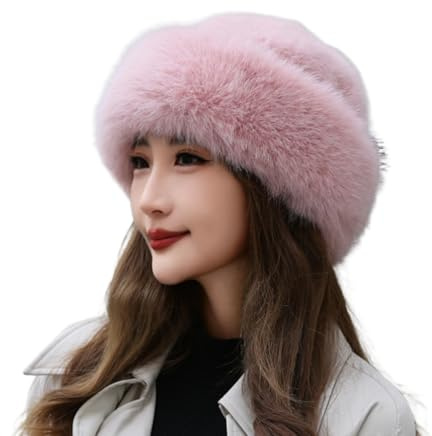 WUODHTW Women's Faux Fur Bucket Hat - Winter Warmth Bucket Hat Fluffy Snow Hat Fuzzy Fisherman Cap Russian Ushanka Hat Beret (Pink)